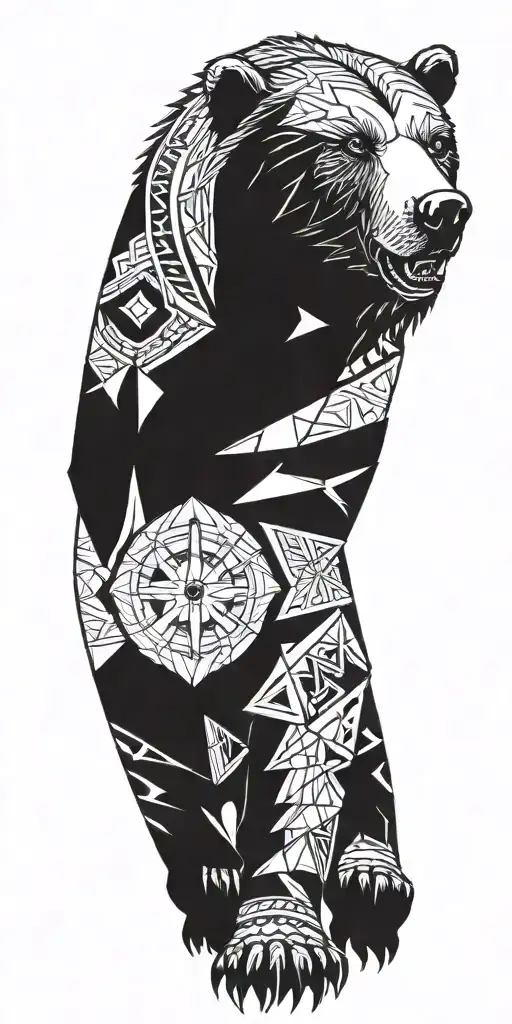 Grizzly Bear surrounded by Armour with geometrical design incorporating a compass tattoo design idea