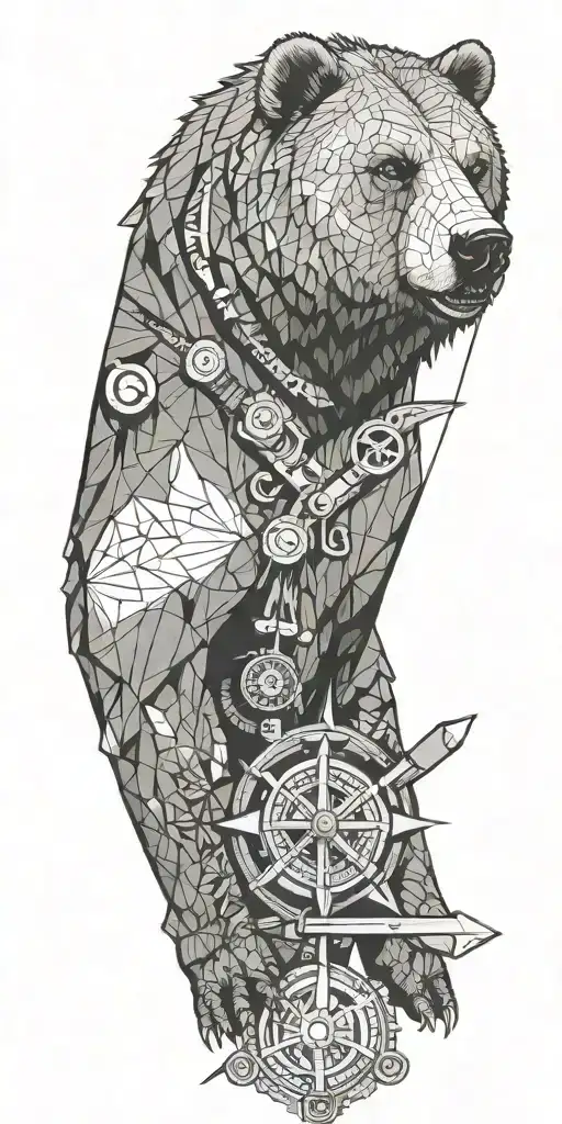 Armor incorporating a compass, angry grizzly bear, pipe wrenches, spatulas tattoo design idea