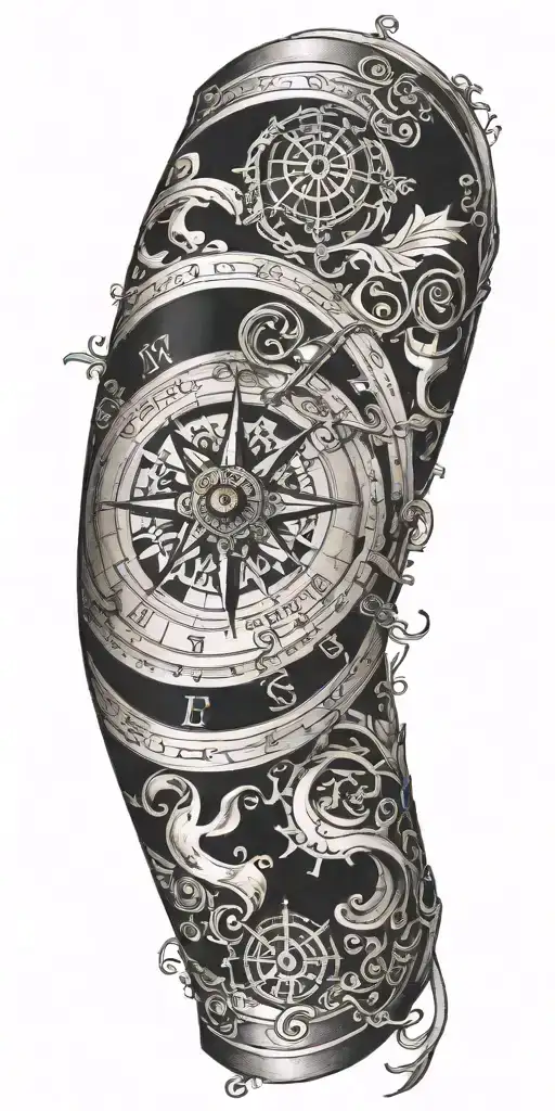 A compass intertwined with elegant calligraphy writing encased in Armor tattoo design idea