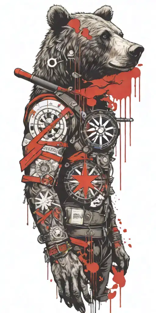 Armor incorporating a compass, angry grizzly bear, pipe wrenches, spatulas tattoo design idea