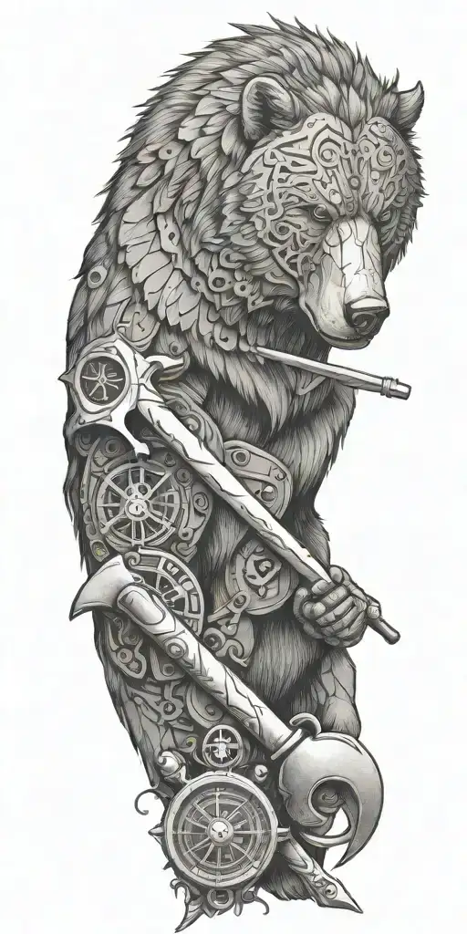 Armor incorporating a compass, angry grizzly bear, pipe wrenches, spatulas tattoo design idea
