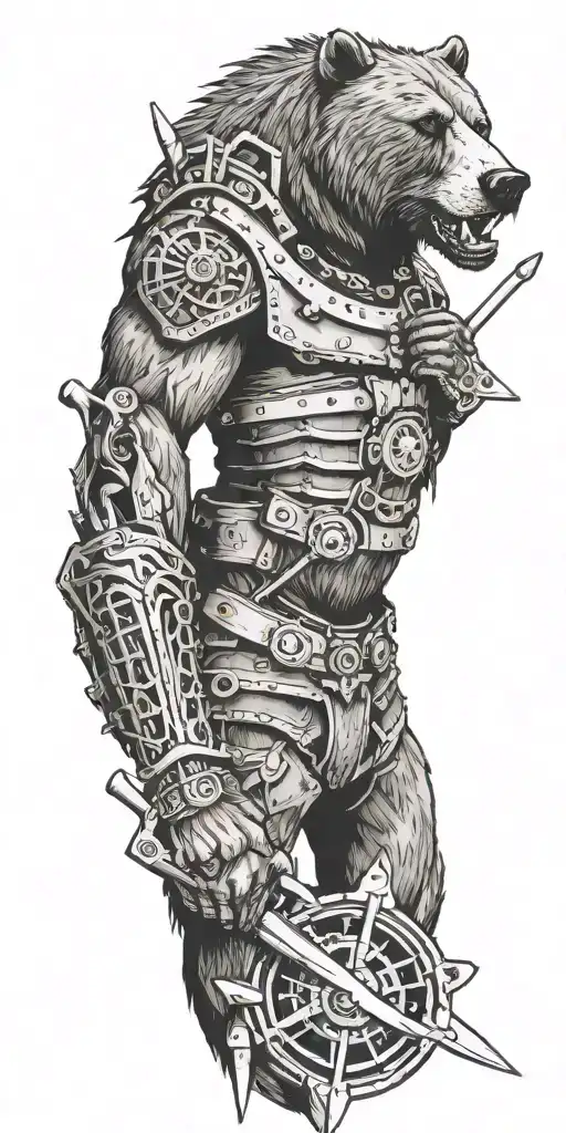 Armor incorporating a compass, angry grizzly bear, pipe wrenches, spatulas tattoo design idea
