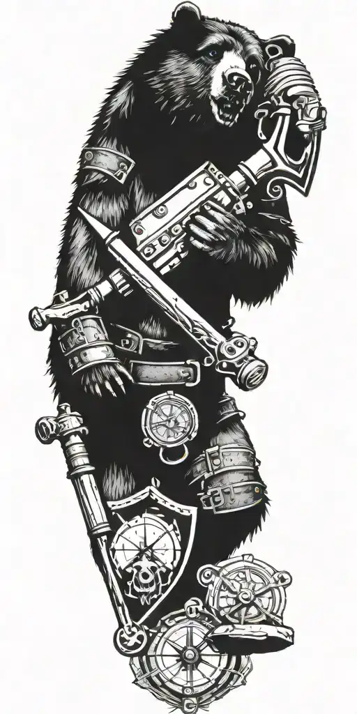 Midieval armor incorporating a compass, angry grizzly bear, pipe wrenches, spatulas, pen, Journal tattoo design idea