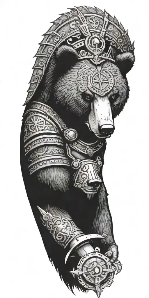Midieval armor incorporating a compass, angry grizzly bear, pipe wrenches, spatulas tattoo design idea