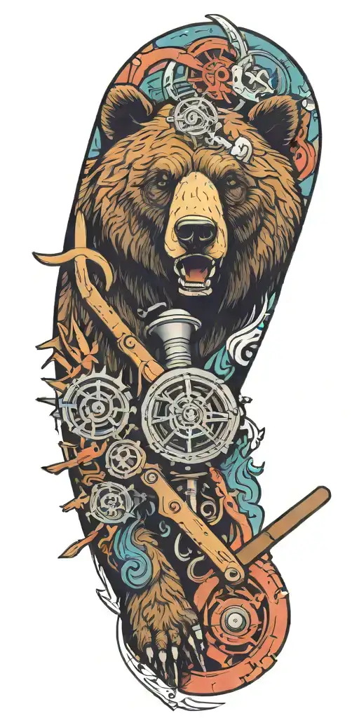 Armor incorporating a compass, angry grizzly bear, pipe wrenches, spatulas tattoo design idea