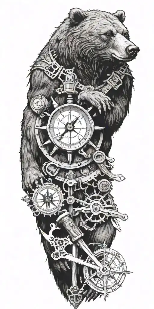 Armor incorporating a compass, angry grizzly bear, pipe wrenches, spatulas tattoo design idea