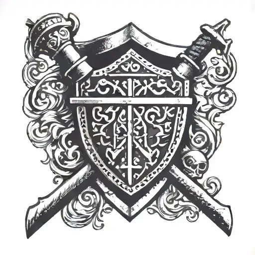 A pipefitter's tools arranged in a medieval shield shape tattoo design idea
