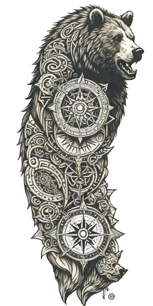 A compass intertwined with elegant calligraphy writing encased in Armor incorporating a grizzly bear tattoo design idea