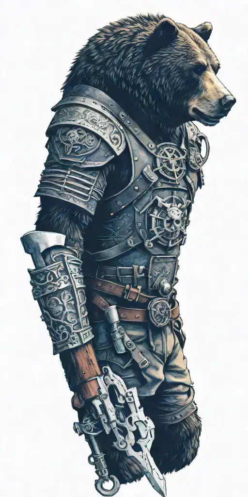 Midieval armor incorporating a compass, angry grizzly bear, pipe wrenches, spatulas, pen, Journal tattoo design idea