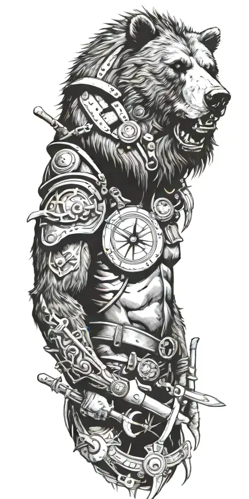 Midieval armor incorporating a compass, angry grizzly bear, pipe wrenches, spatulas, pen, Journal tattoo design idea