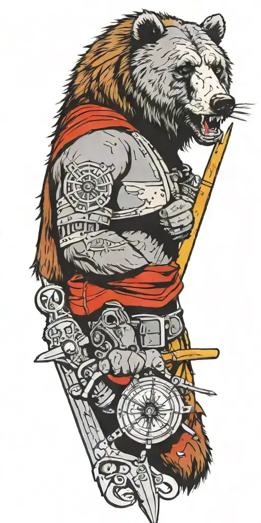 Midieval armor incorporating a compass, angry grizzly bear, pipe wrenches, spatulas, pen, Journal tattoo design idea