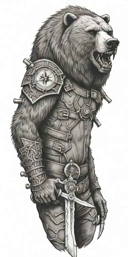 Midieval armor incorporating a compass, angry grizzly bear, pipe wrenches, spatulas tattoo design idea