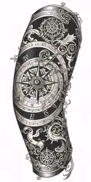 A compass intertwined with elegant calligraphy writing encased in Armor tattoo design idea