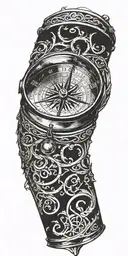 A compass intertwined with elegant calligraphy writing encased in Armor tattoo design idea
