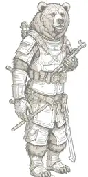 Midieval armor incorporating a compass, angry grizzly bear, pipe wrenches, spatulas, pen, Journal tattoo design idea