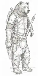 Midieval armor incorporating a compass, angry grizzly bear, pipe wrenches, spatulas, pen, Journal tattoo design idea