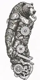 Armor incorporating a compass, angry grizzly bear, pipe wrenches, spatulas tattoo design idea