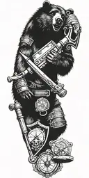 Midieval armor incorporating a compass, angry grizzly bear, pipe wrenches, spatulas, pen, Journal tattoo design idea