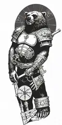 Midieval armor incorporating a compass, angry grizzly bear, pipe wrenches, spatulas, pen, Journal tattoo design idea