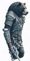 Midieval armor incorporating a compass, angry grizzly bear, pipe wrenches, spatulas, pen, Journal tattoo design idea