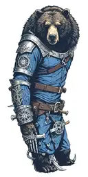 Midieval armor incorporating a compass, angry grizzly bear, pipe wrenches, spatulas, pen, Journal tattoo design idea