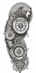 A compass intertwined with elegant calligraphy writing encased in Armor incorporating a grizzly bear tattoo design idea