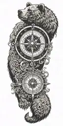 A compass intertwined with elegant calligraphy writing encased in Armor incorporating a grizzly bear tattoo design idea