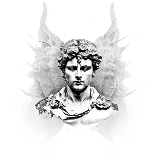 The David statue adorned with intricate black and grey designs representing deep thoughts and anxiety tattoo design idea