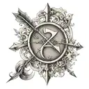 Sagittarius arrow and bow with the letter 'A' integrated seamlessly. focusing on the essential elements of the arrow and tattoo design idea