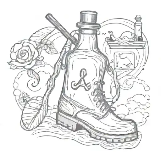A sketch style tattoo of a pharmacy bottle morphing into a music note surrounded by hiking boots and a kayak paddle tattoo design idea