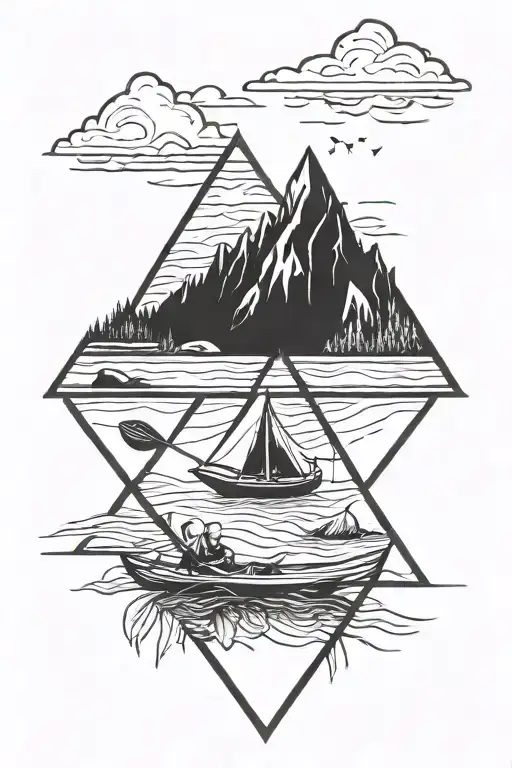 A blackwork tattoo of a mountain range with a kayak and camping tent at the base, framed by a music staff tattoo design idea