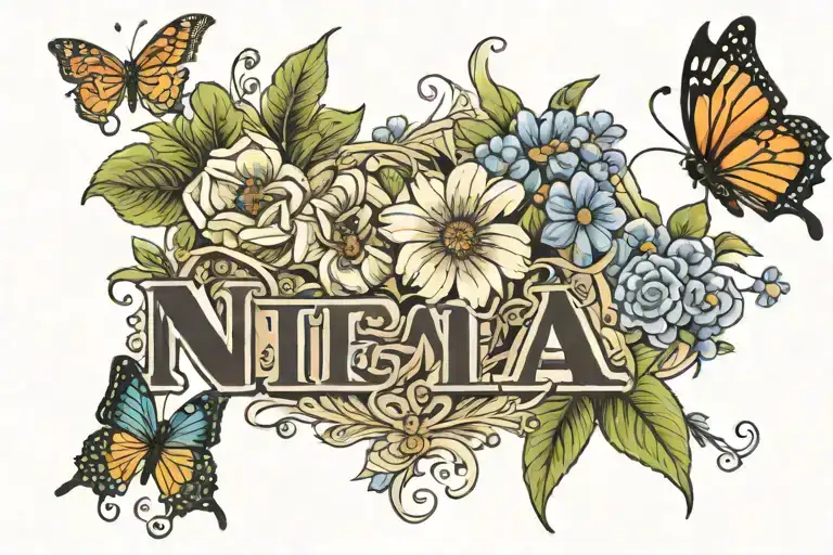 the name Nia with flowers growing and butterflies  tattoo design idea