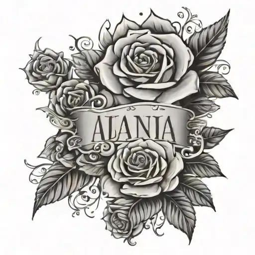 The name Al'jania in red with black flowers and roses  tattoo design idea