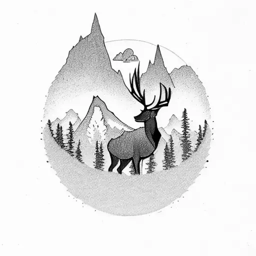 A deer silhouette amidst a dense forest with mountains in the background tattoo design idea