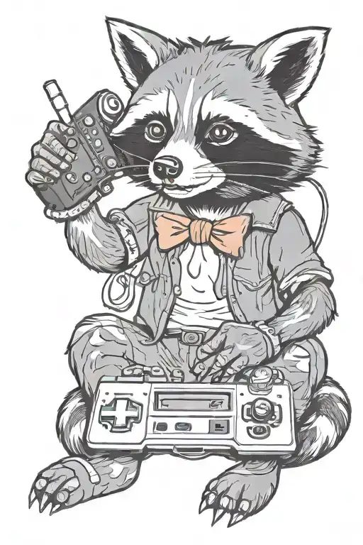 half sleeve tattoo raccoon wearing headphones with a videogame controller on the hands tattoo design idea