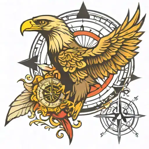 create me a tattoo with a compass rose with an eagle's head with half a wing and an open beak tattoo design idea