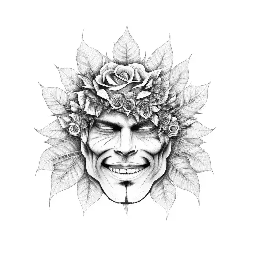 the green man face made of leaves and roses tattoo design idea