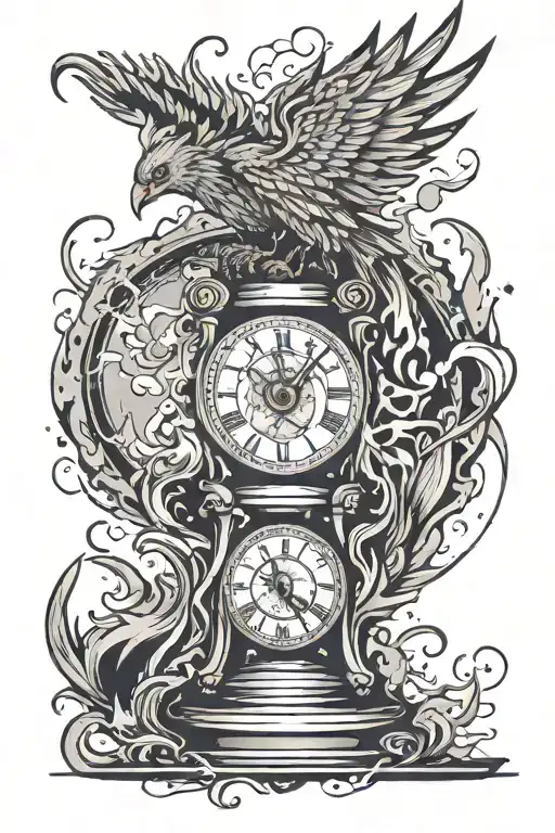 phoenix rising from the ashes that are counting the time in a broken  hourglass tattoo design idea