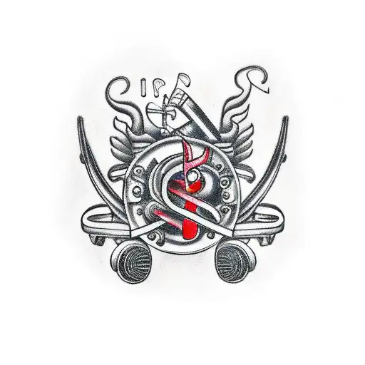 An intricate motorcycle engine with musical notes as exhaust pipes tattoo design idea