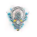 An intricate motorcycle engine with musical notes as exhaust pipes tattoo design idea