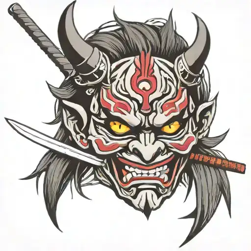 broken oni mask with katana tattoo design idea