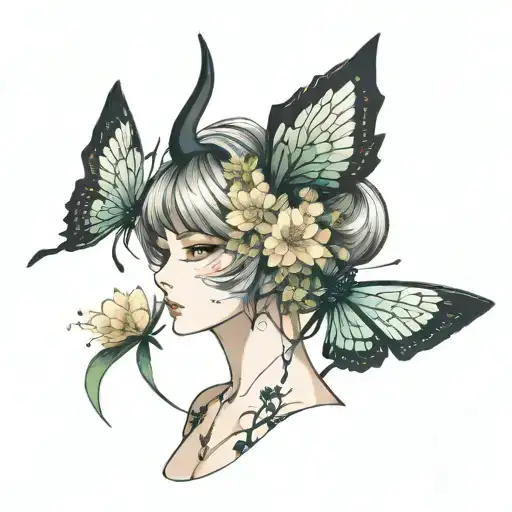 anime, lycoris radiata flowers, anime women, dandelion, fox mask, dragonflies tattoo design idea