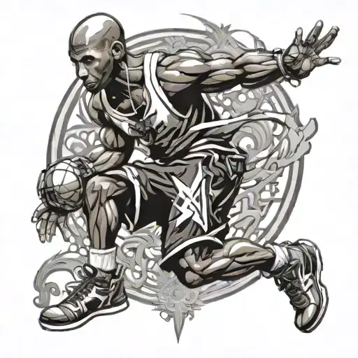 A dynamic tattoo design combining the essence of sport and video games, with elements of final fantasy X and Kobe Bryant in a black-grey style tattoo design idea
