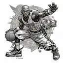 A dynamic tattoo design combining the essence of sport and video games, with elements of final fantasy X and Kobe Bryant in a black-grey style tattoo design idea