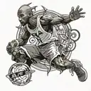 A dynamic tattoo design combining the essence of sport and video games, with elements of final fantasy X and Kobe Bryant in a black-grey style tattoo design idea