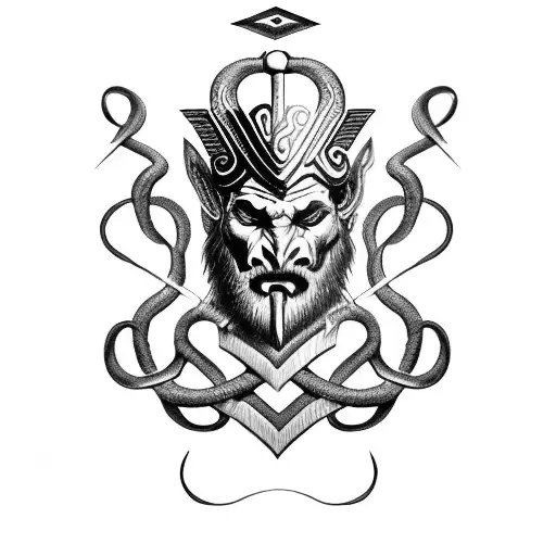 black snake, greek key monogram, gladiator, roses, Ares god of war, Single letter Cipher tattoo design idea