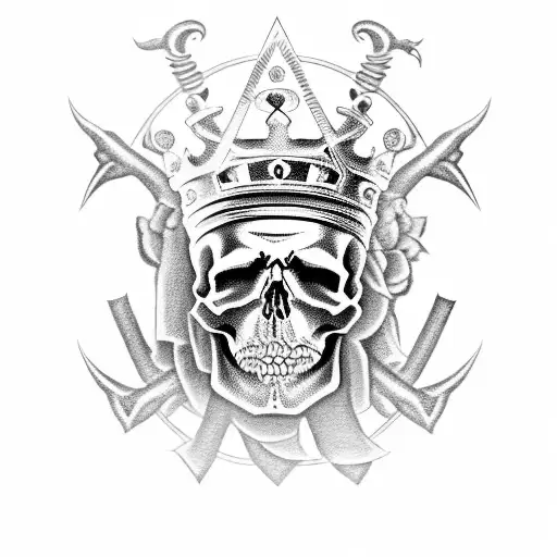 Skull with a king's crown and a black snake, greek key monogram, gladiator, roses, Ares god of war, Single letter Cipher tattoo design idea