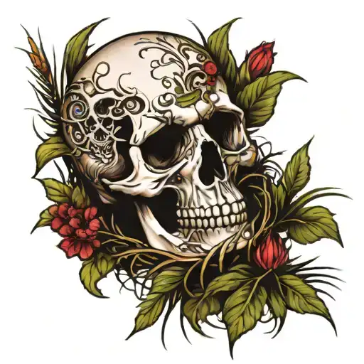 a skull lies sideways in the tall grass, from which a tree of life grows and destroys the skull.   tattoo design idea