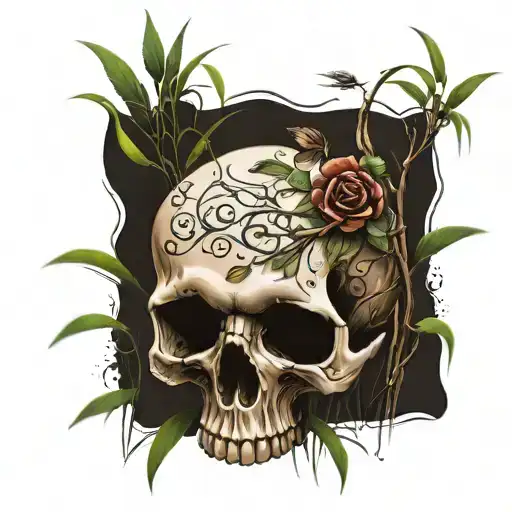 A skull lies sideways in the tall grass. A tree of life with a thick trunk grows out of it and destroys the skull. In th tattoo design idea
