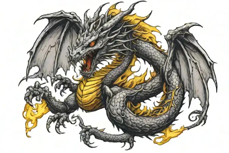 Black n white Dragon body With full body and in side yellow color dragon neck with fire tattoo design idea